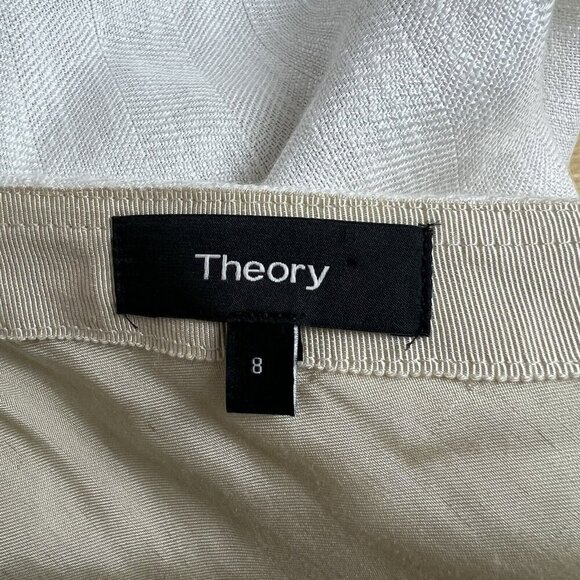 THEORY Midi Skirt White Woven Faux Wrap A Line Herring Linen Blend Size 8 - Picture 14 of 16